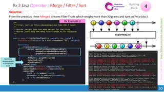 Rx 2 Java Operator : Merge / Filter / Sort
17May2018
30
4Building
Block
Objective:
From the previous three Merged streams Filter Fruits which weighs more than 50 grams and sort on Price (Asc).
Rx Example 2
Don’t Use
blockgingGet()
in Production
Code
SourceCodeGitHub:https://github.com/meta-magic/Rx-Java-2
 