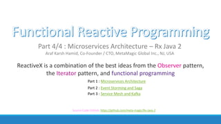 ReactiveX is a combination of the best ideas from the Observer pattern,
the Iterator pattern, and functional programming
Part 4/4 : Microservices Architecture – Rx Java 2
Araf Karsh Hamid, Co-Founder / CTO, MetaMagic Global Inc., NJ, USA
Part 1 : Microservices Architecture
Part 2 : Event Storming and Saga
Part 3 : Service Mesh and Kafka
Source Code GitHub: https://github.com/meta-magic/Rx-Java-2
 