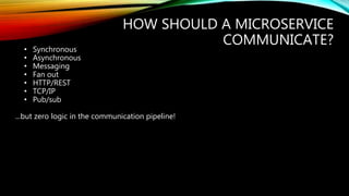 HOW SHOULD A MICROSERVICE
COMMUNICATE?
• Synchronous
• Asynchronous
• Messaging
• Fan out
• HTTP/REST
• TCP/IP
• Pub/sub
...but zero logic in the communication pipeline!
 