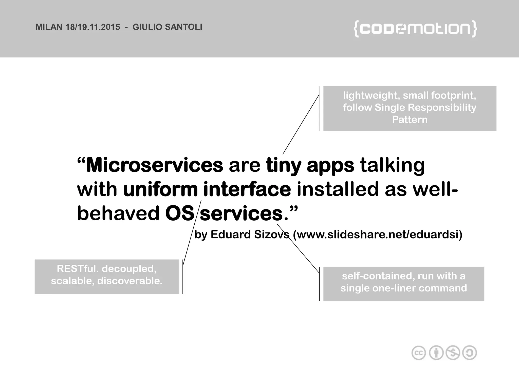 MILAN 18/19.11.2015 - GIULIO SANTOLI
“Microservices are tiny apps talking
with uniform interface installed as well-
behaved OS services.”
lightweight, small footprint,
follow Single Responsibility
Pattern
RESTful. decoupled,
scalable, discoverable. self-contained, run with a
single one-liner command
by Eduard Sizovs (www.slideshare.net/eduardsi)
 