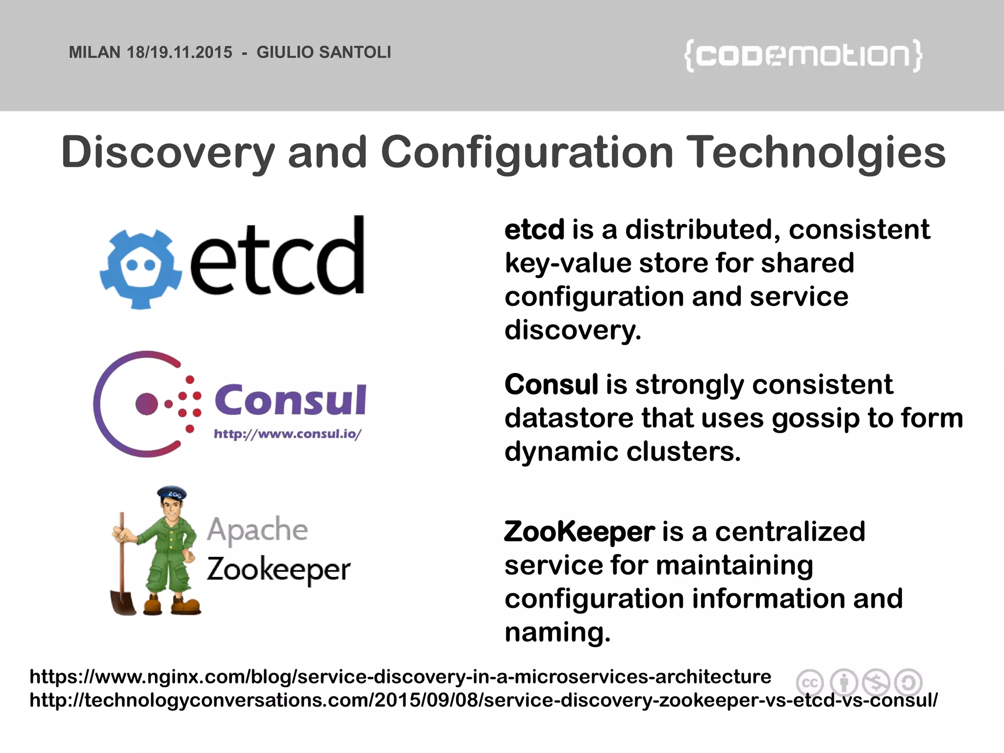 MILAN 18/19.11.2015 - GIULIO SANTOLI
Discovery and Configuration Technolgies
Consul is strongly consistent
datastore that uses gossip to form
dynamic clusters.
etcd is a distributed, consistent
key-value store for shared
configuration and service
discovery.
ZooKeeper is a centralized
service for maintaining
configuration information and
naming.
https://www.nginx.com/blog/service-discovery-in-a-microservices-architecture
http://technologyconversations.com/2015/09/08/service-discovery-zookeeper-vs-etcd-vs-consul/
 