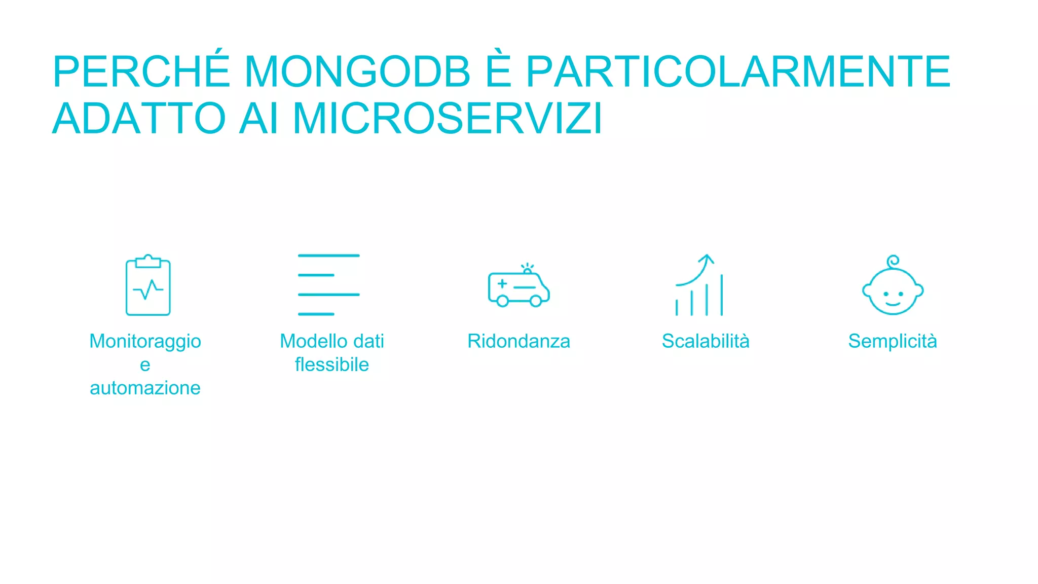 PERCHÉ MONGODB È PARTICOLARMENTE
ADATTO AI MICROSERVIZI
Monitoraggio
e
automazione
Modello dati
flessibile
Ridondanza Scalabilità Semplicità
 