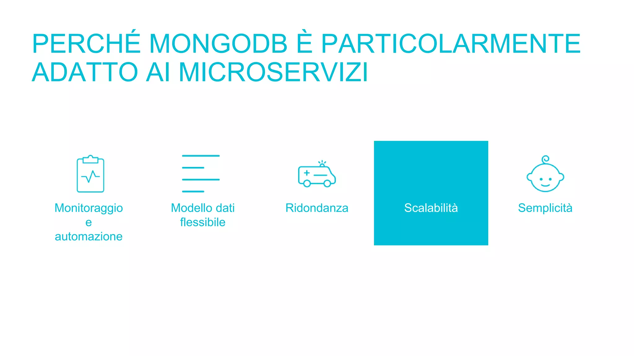 PERCHÉ MONGODB È PARTICOLARMENTE
ADATTO AI MICROSERVIZI
Monitoraggio
e
automazione
Modello dati
flessibile
Ridondanza Scalabilità Semplicità
 