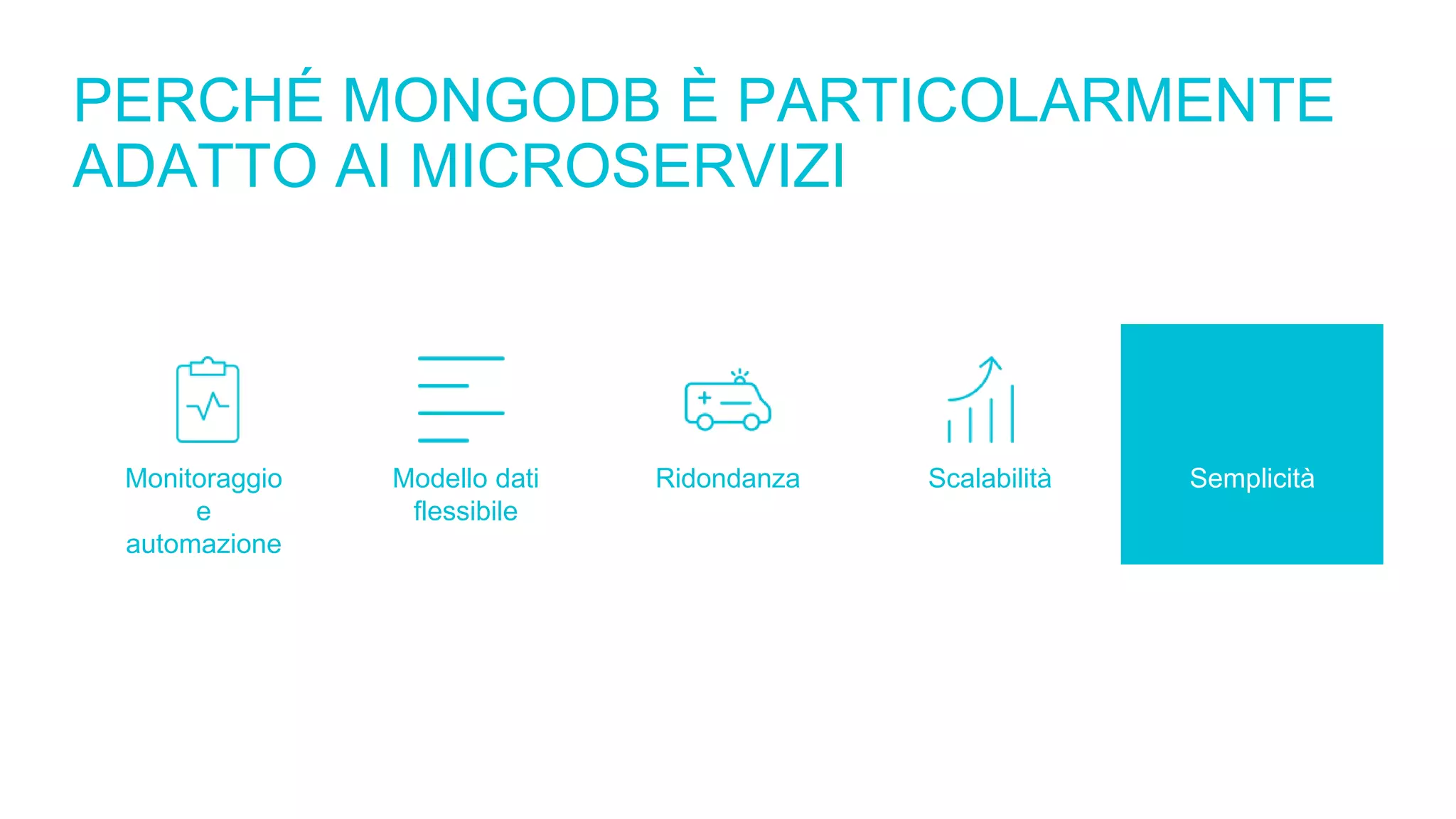 PERCHÉ MONGODB È PARTICOLARMENTE
ADATTO AI MICROSERVIZI
Monitoraggio
e
automazione
Modello dati
flessibile
Ridondanza Scalabilità Semplicità
 