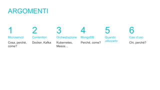 ARGOMENTI
Microservizi
Cosa, perché,
come?
Contenitori
Docker, Kafka
Orchestrazione
Kubernetes,
Mesos…
MongoDB
Perché, come?
Quando
utilizzarlo
Casi d’uso
Chi, perché?
1 2 3 4 5 6
 
