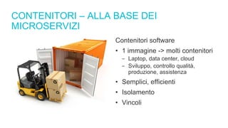 CONTENITORI – ALLA BASE DEI
MICROSERVIZI
Contenitori software
• 1 immagine -> molti contenitori
‒ Laptop, data center, cloud
‒ Sviluppo, controllo qualità,
produzione, assistenza
• Semplici, efficienti
• Isolamento
• Vincoli
 