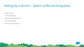 Setting Up a Service – System of Record Integration
•  Bug Tracker
•  Site Reliability
•  Release Management
•  On-call Paging
•  Root Cause Analysis
 