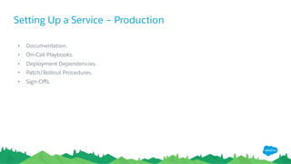 Setting Up a Service – Production
•  Documentation.
•  On-Call Playbooks.
•  Deployment Dependencies.
•  Patch/Rollout Procedures.
•  Sign-Oﬀs.
 