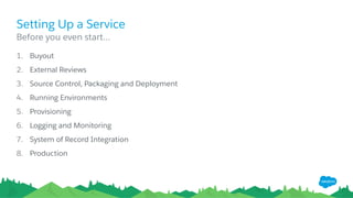 Setting Up a Service
1.  Buyout
2.  External Reviews
3.  Source Control, Packaging and Deployment
4.  Running Environments
5.  Provisioning
6.  Logging and Monitoring
7.  System of Record Integration
8.  Production
​ Before you even start…
 
