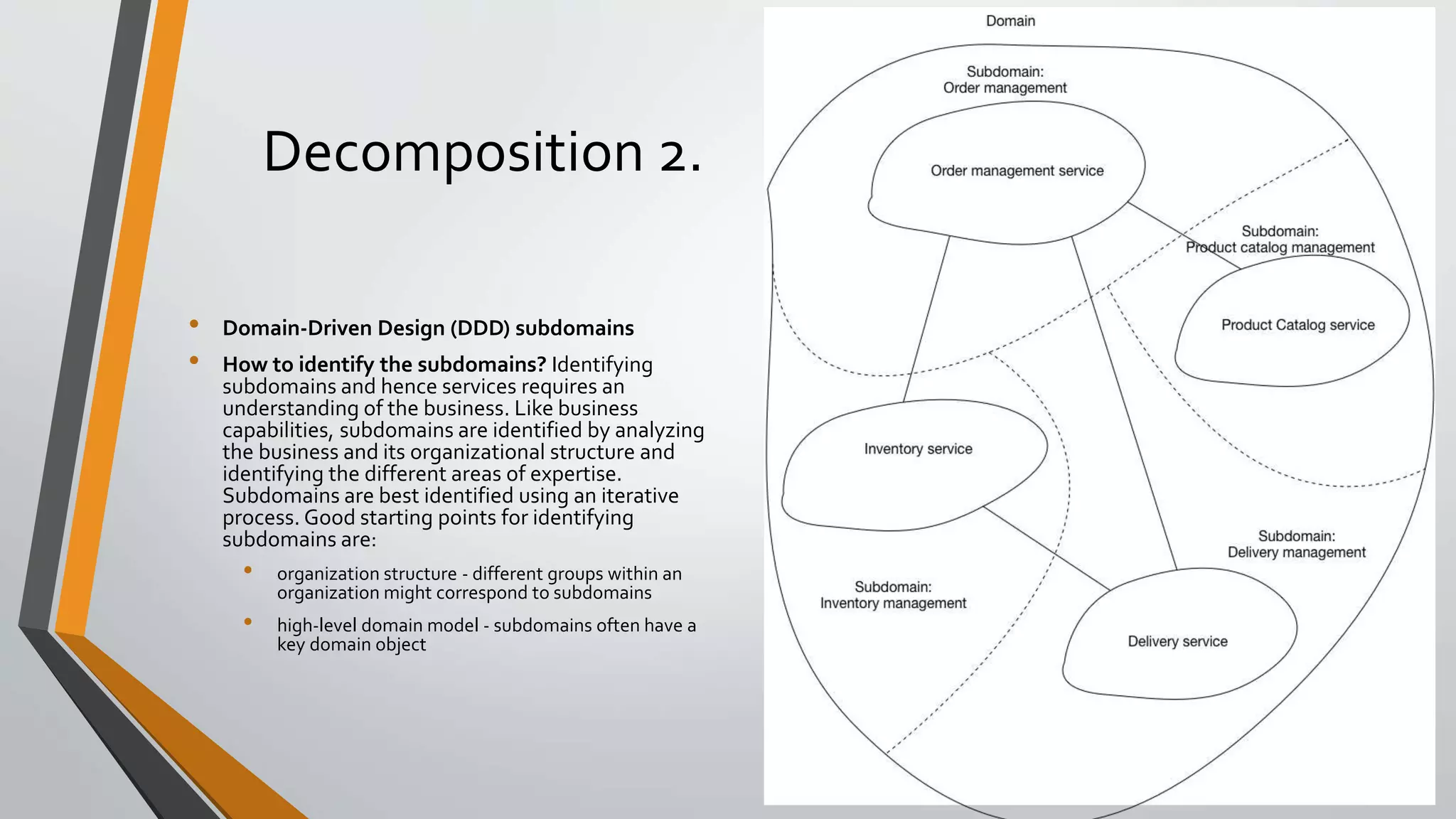 Decomposition 2.
• Domain-Driven Design (DDD) subdomains
• How to identify the subdomains? Identifying
subdomains and hence services requires an
understanding of the business. Like business
capabilities, subdomains are identified by analyzing
the business and its organizational structure and
identifying the different areas of expertise.
Subdomains are best identified using an iterative
process. Good starting points for identifying
subdomains are:
• organization structure - different groups within an
organization might correspond to subdomains
• high-level domain model - subdomains often have a
key domain object
 