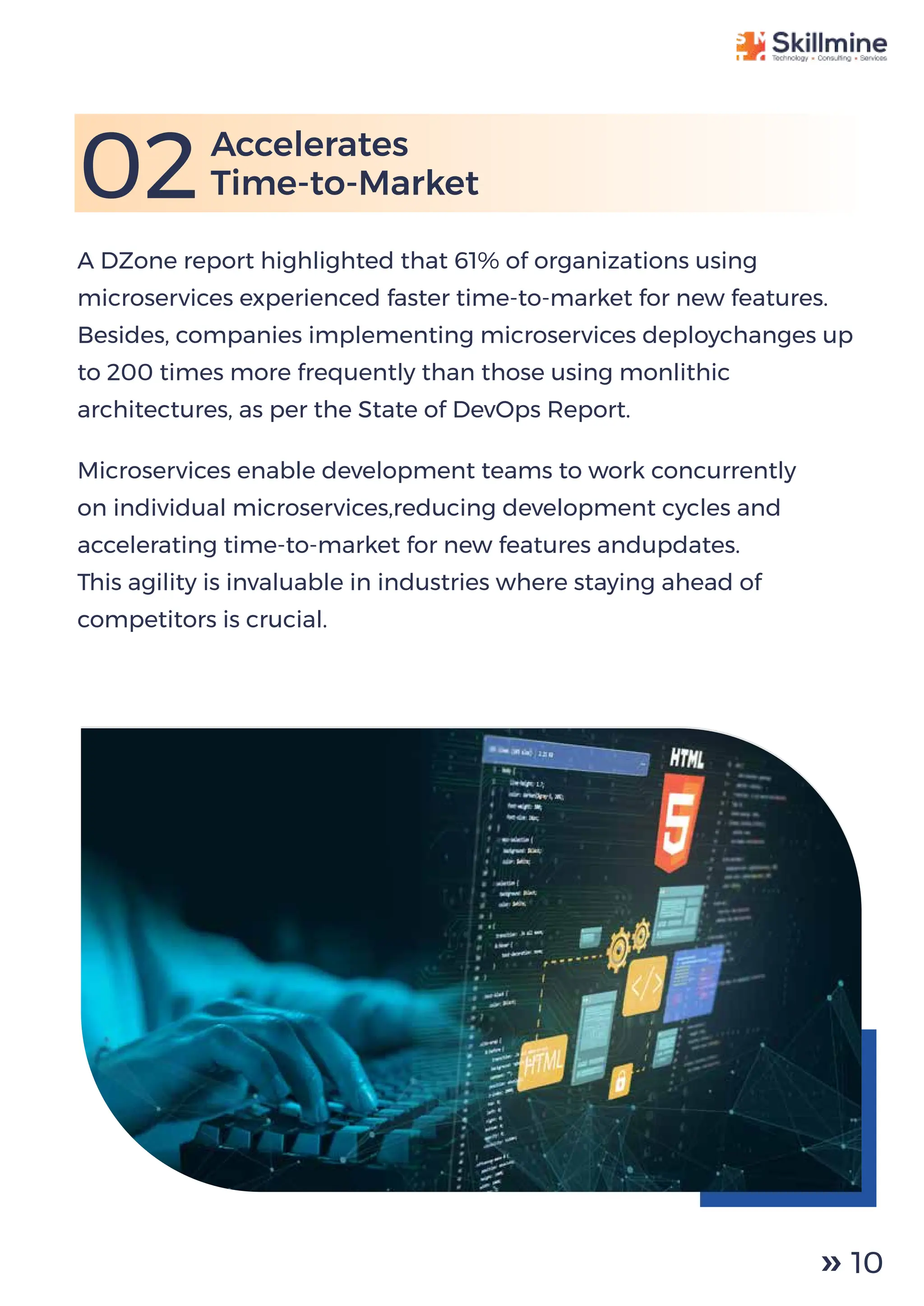 Microservices enable development teams to work concurrently
on individual microservices,reducing development cycles and
accelerating time-to-market for new features andupdates.
This agility is invaluable in industries where staying ahead of
competitors is crucial.
Accelerates
Time-to-Market
02
A DZone report highlighted that 61% of organizations using
microservices experienced faster time-to-market for new features.
Besides, companies implementing microservices deploychanges up
to 200 times more frequently than those using monlithic
architectures, as per the State of DevOps Report.
10
 
