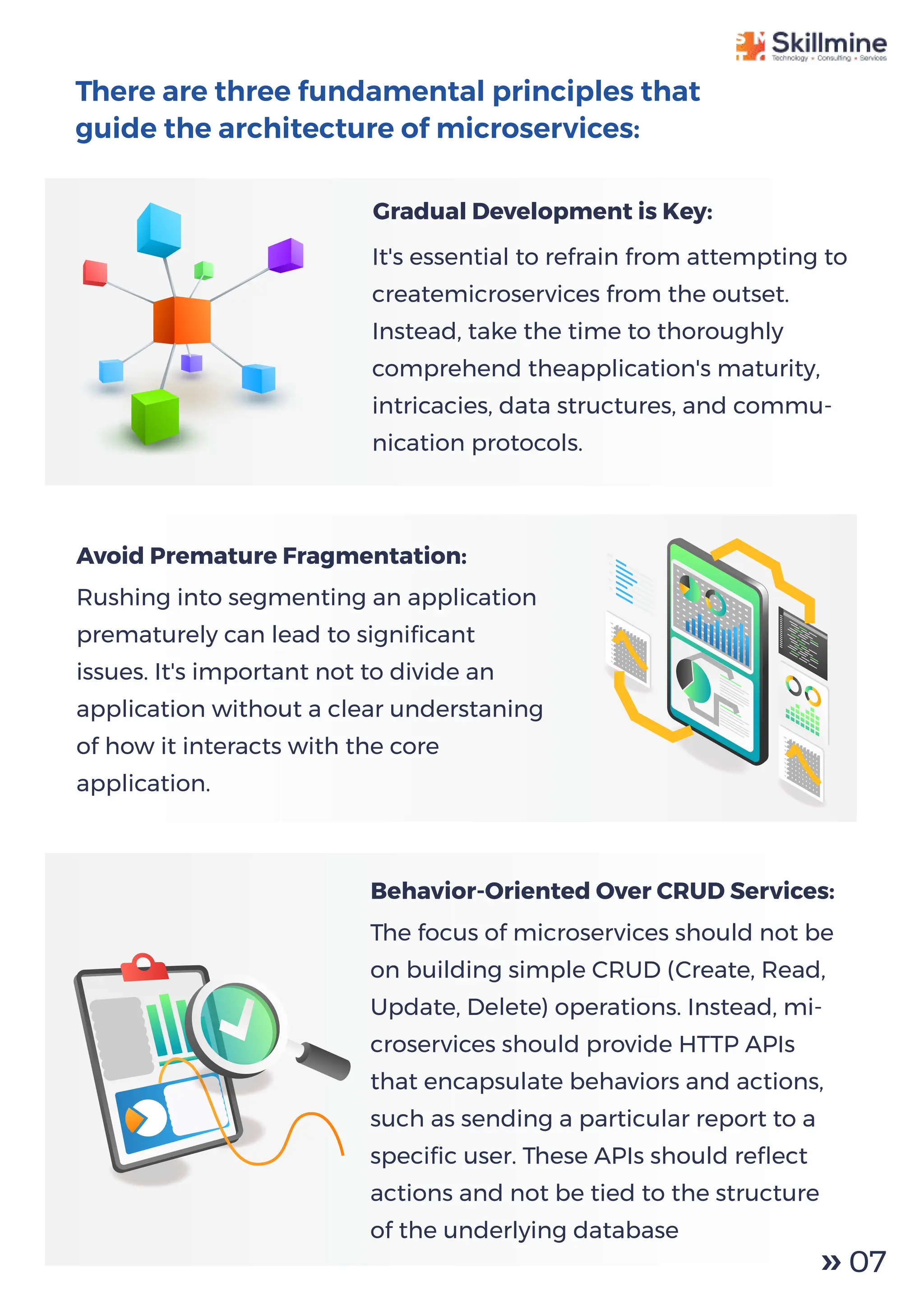 There are three fundamental principles that
guide the architecture of microservices:
It's essential to refrain from attempting to
createmicroservices from the outset.
Instead, take the time to thoroughly
comprehend theapplication's maturity,
intricacies, data structures, and commu-
nication protocols.
Rushing into segmenting an application
prematurely can lead to signiﬁcant
issues. It's important not to divide an
application without a clear understaning
of how it interacts with the core
application.
The focus of microservices should not be
on building simple CRUD (Create, Read,
Update, Delete) operations. Instead, mi-
croservices should provide HTTP APIs
that encapsulate behaviors and actions,
such as sending a particular report to a
speciﬁc user. These APIs should reﬂect
actions and not be tied to the structure
of the underlying database
Behavior-Oriented Over CRUD Services:
Gradual Development is Key:
Avoid Premature Fragmentation:
07
 