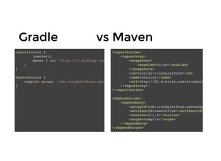 GradleGradle vs Mavenvs Maven
repositories {
jcenter()
maven { url "http://dl.bintray.com/trunkplatform/osworkflow" }
}
}
dependencies {
compile group: 'com.trunkplatform.opensymphony', name: 'osworkflow', version: '3.1.4'
}
<repositories>
<repository>
<snapshots>
<enabled>false</enabled>
</snapshots>
<id>bintray-trunkplatform</id>
<name>bintray</name>
<url>http://dl.bintray.com/trunkplatform/osw
</repository>
</repositories>
<dependencies>
<dependency>
<groupId>com.trunkplatform.opensymphony</gro
<artifactId>osworkflow</artifactId>
<version>3.1.4</version>
<scope>compile</scope>
</dependency>
</dependencies>
 