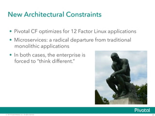 New Architectural Constraints 
• Pivotal CF optimizes for 12 Factor Linux applications 
• Microservices: a radical departure from traditional 
monolithic applications 
• In both cases, the enterprise is 
forced to “think different.” 
© 2014 Pivotal Software, Inc. All rights reserved. 24 
 