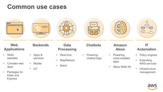 Common use cases
Web
Applications
• Static
websites
• Complex web
apps
• Packages for
Flask and
Express
Data
Processing
• Real time
• MapReduce
• Batch
Chatbots
• Powering
chatbot logic
Backends
• Apps &
services
• Mobile
• IoT
</></>
Amazon
Alexa
• Powering
voice-enabled
apps
• Alexa Skills Kit
IT
Automation
• Policy engines
• Extending
AWS services
• Infrastructure
management
 