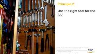 Principle 2
Use the right tool for the
job
“Tools #2” by Juan Pablo Olmo. No alterations other than cropping.
https://www.flickr.com/photos/juanpol/1562101472/
Image used with permissions under Creative Commons license
2.0, Attribution Generic License
(https://creativecommons.org/licenses/by/2.0/)
 