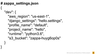 39Microservices and Serverless in Python projects
# zappa_settings.json
{
"dev": {
"aws_region": "us-east-1",
"django_settings": "hello.settings",
"profile_name": "default",
"project_name": "hello",
"runtime": "python3.6",
"s3_bucket": "zappa-huyg6op0s"
}
}
 
