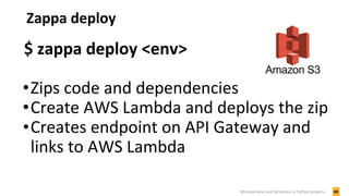 Zappa deploy
40Microservices and Serverless in Python projects
$ zappa deploy <env>
•Zips code and dependencies
•Create AWS Lambda and deploys the zip
•Creates endpoint on API Gateway and
links to AWS Lambda
 