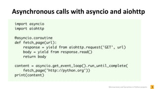 Asynchronous calls with asyncio and aiohttp
5Microservices and Serverless in Python projects
 