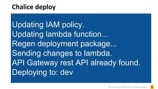 Chalice deploy
51Microservices and Serverless in Python projects
Updating IAM policy.
Updating lambda function...
Regen deployment package...
Sending changes to lambda.
API Gateway rest API already found.
Deploying to: dev
 