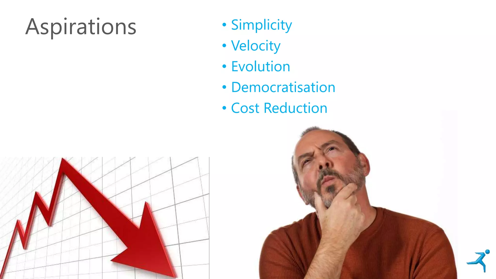 Aspirations • Simplicity
• Velocity
• Evolution
• Democratisation
• Cost Reduction
SIMPLICITY
 