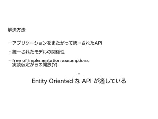 解決方法
・アプリケーションをまたがって統一されたAPI
・統一されたモデルの関係性
・free of implementation assumptions
　実装仮定からの開放(?)
↑
Entity Oriented な API が適している
　
 