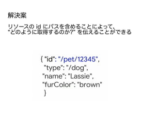 解決案
リソースの id にパスを含めることによって、
“どのように取得するのか?” を伝えることができる
 