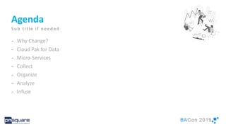 Su b t it le if n e e d e d
Agenda
- Why Change?
- Cloud Pak for Data
- Micro-Services
- Collect
- Organize
- Analyze
- Infuse
 