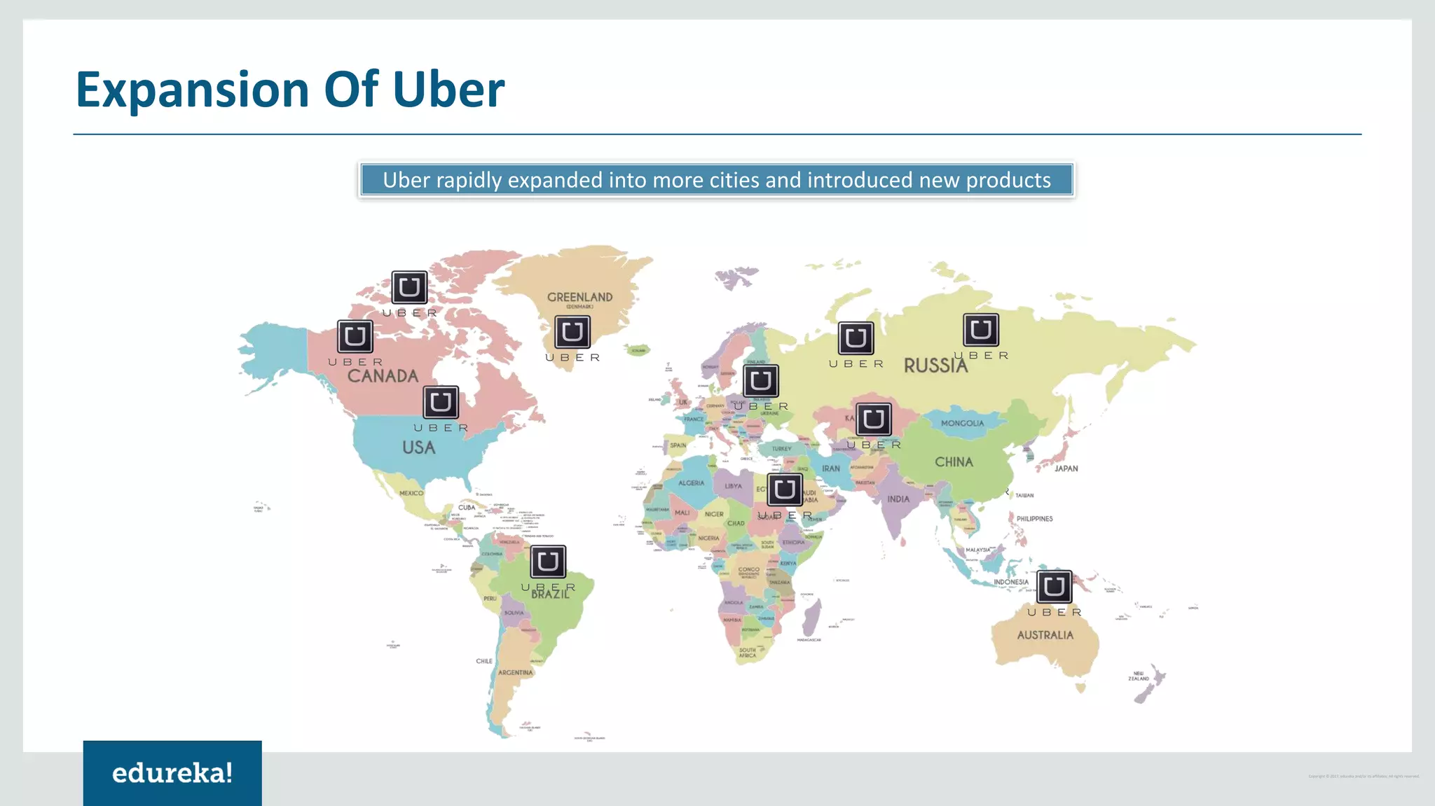 Copyright © 2017, edureka and/or its affiliates. All rights reserved. Expansion Of Uber Uber rapidly expanded into more cities and introduced new products 