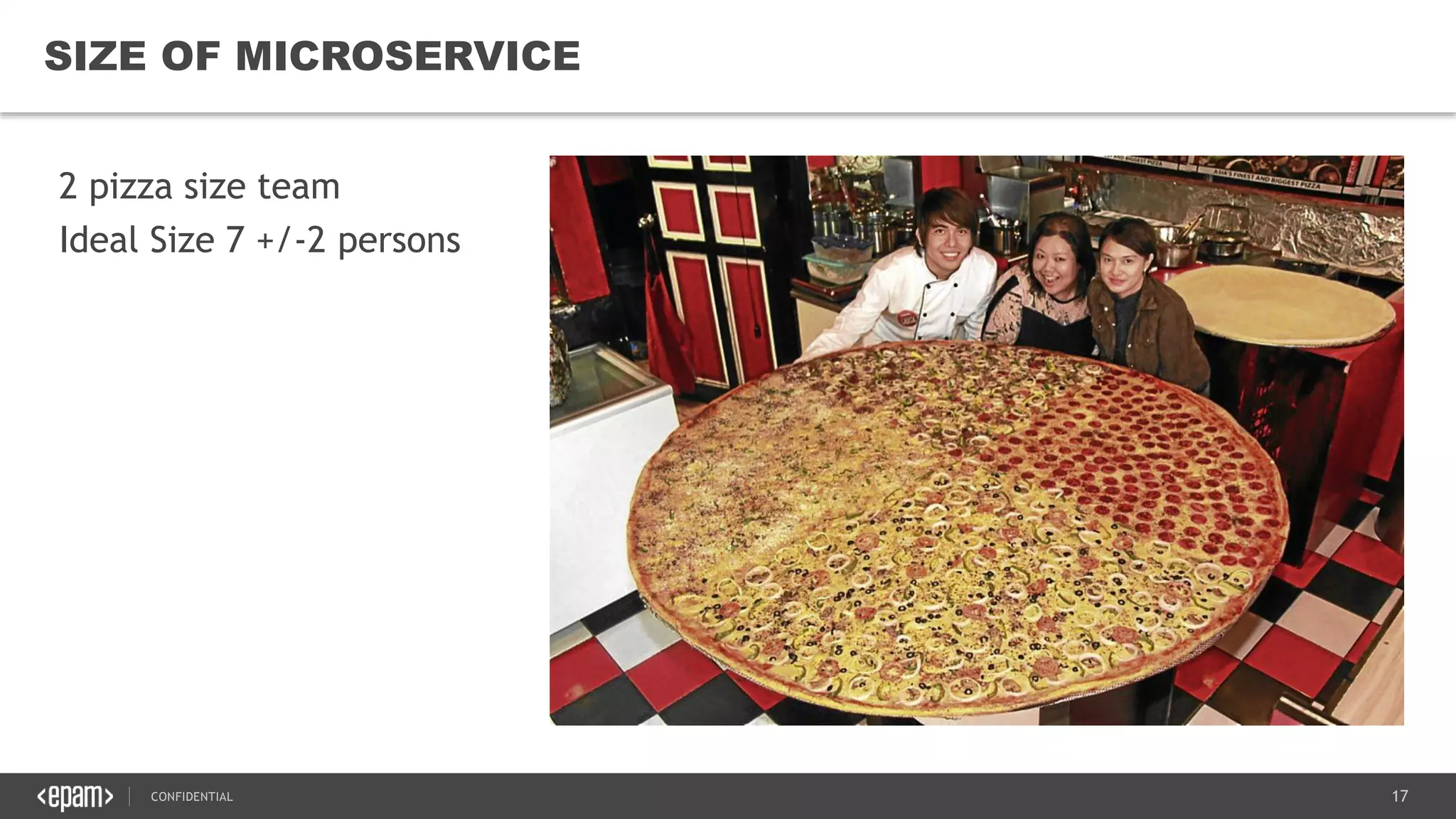 17CONFIDENTIAL
17
SIZE OF MICROSERVICE
2 pizza size team
Ideal Size 7 +/-2 persons
 