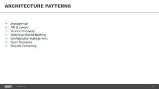 13CONFIDENTIAL
13
ARCHITECTURE PATTERNS
• Microservice
• API Gateway
• Service Discovery
• Stateless/Shared-Nothing
• Configuration Management
• Fault Tolerance
• Request Collapsing
 