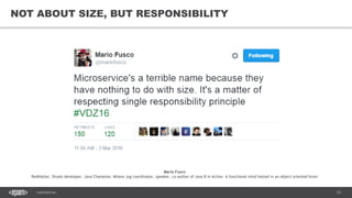 15CONFIDENTIAL
15
NOT ABOUT SIZE, BUT RESPONSIBILITY
Mario Fusco
RedHatter, Drools developer, Java Champion, Milano Jug coordinator, speaker, co-author of Java 8 in Action. A functional mind hosted in an object oriented brain
 
