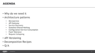 3CONFIDENTIAL
3
• Why do we need it
• Architecture patterns
AGENDA
• Microservice
• API Gateway
• Service Discovery
• Stateless/Shared-Nothing
• Configuration/Service Consumption
• Fault Tolerance
• Request Collapsing
• API Versioning
• Decomposition Recipes
• Q/A
 