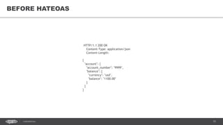 75CONFIDENTIAL
75
BEFORE HATEOAS
HTTP/1.1 200 OK
Content-Type: application/json
Content-Length:
{
"account": {
"account_number": "9999",
"balance": {
"currency": "usd",
"balance": "1100.00"
}
}
}
 