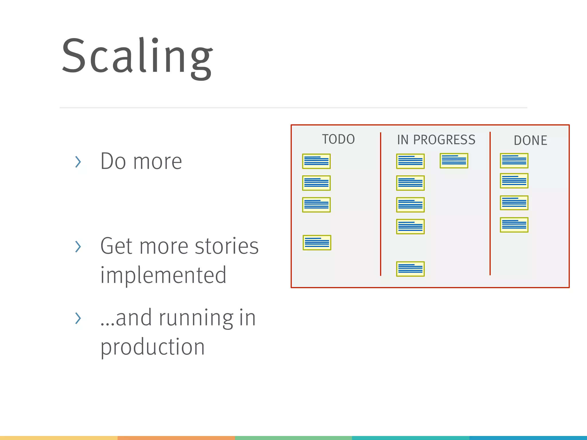 Scaling
> Do more
> Get more stories
implemented
> ...and running in
production
TODO IN PROGRESS DONE
 