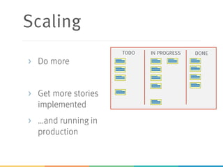 Scaling
> Do more
> Get more stories
implemented
> ...and running in
production
TODO IN PROGRESS DONE
 