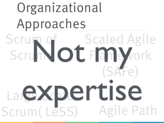 Organizational
Approaches
Scrum of
Scrums
Scaled Agile
Framework
(SAFe)
Large Scale
Scrum( LeSS) Agile Path
Not my
expertise
 