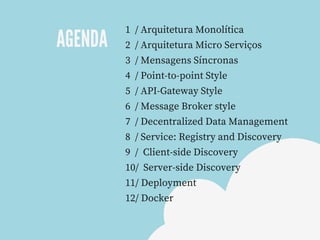 AGENDA
1  / Arquitetura Monolítica
2  / Arquitetura Micro Serviços
3  / Mensagens Síncronas
4  / Point-to-point Style
5  / API-Gateway Style
6  / Message Broker style
7  / Decentralized Data Management
8  / Service: Registry and Discovery
9  /  Client-side Discovery
10/  Server-side Discovery  
11/ Deployment
12/ Docker
 