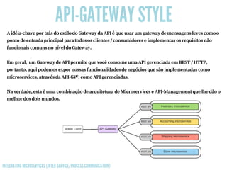 API-GATEWAY STYLE
Aidéia-chaveportrásdoestilodoGatewaydaAPIéqueusarumgatewaydemensagenslevescomoo
pontodeentradaprincipalparatodososclientes/consumidoreseimplementarosrequisitosnão
funcionaiscomunsnoníveldoGateway.
Emgeral, umGatewaydeAPIpermitequevocêconsomeumaAPIgerenciadaemREST/HTTP,
portanto,aquipodemosexpornossasfuncionalidadesdenegóciosquesãoimplementadascomo
microservices,atravésdaAPI-GW,comoAPIgerenciadas.
Naverdade,estaéumacombinaçãodearquiteturadeMicroserviceseAPI-Managementquelhedãoo
melhordosdoismundos.
INTEGRATING MICROSERVICES (INTER-SERVICE/PROCESS COMMUNICATION)
 