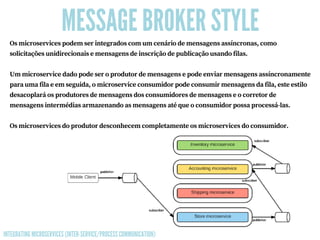 MESSAGE BROKER STYLE
Osmicroservicespodemserintegradoscomumcenáriodemensagensassíncronas,como
solicitaçõesunidirecionaisemensagensdeinscriçãodepublicaçãousandofilas.
 
Ummicroservicedadopodeseroprodutordemensagensepodeenviarmensagensassíncronamente
paraumafilaeemseguida,omicroserviceconsumidorpodeconsumirmensagensdafila,esteestilo
desacoplaráosprodutoresdemensagensdosconsumidoresdemensagenseocorretorde
mensagensintermédiasarmazenandoasmensagensatéqueoconsumidorpossaprocessá-las.
Osmicroservicesdoprodutordesconhecemcompletamenteosmicroservicesdoconsumidor.
INTEGRATING MICROSERVICES (INTER-SERVICE/PROCESS COMMUNICATION)
 