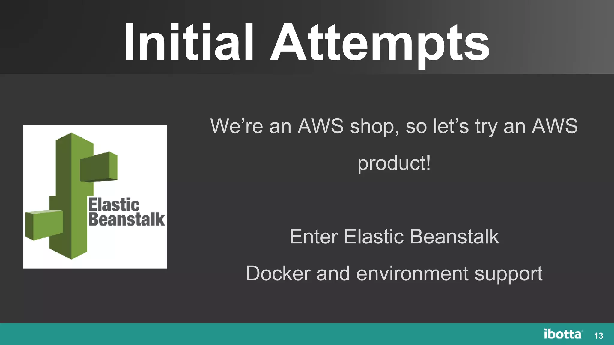 Initial Attempts
13
We’re an AWS shop, so let’s try an AWS
product!
Enter Elastic Beanstalk
Docker and environment support
 