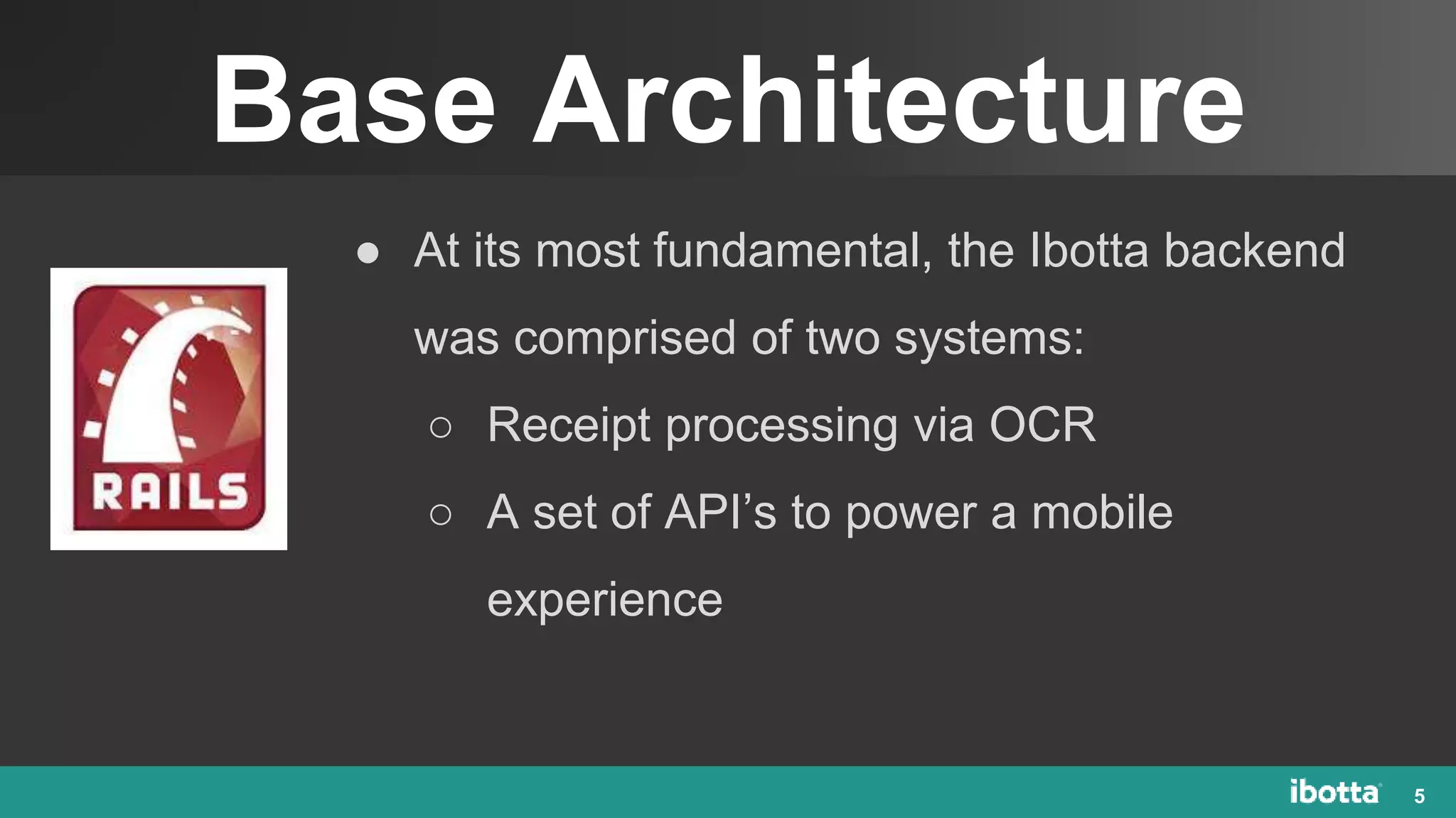 Base Architecture
5
● At its most fundamental, the Ibotta backend
was comprised of two systems:
○ Receipt processing via OCR
○ A set of API’s to power a mobile
experience
 