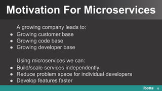Motivation For Microservices
12
A growing company leads to:
● Growing customer base
● Growing code base
● Growing developer base
Using microservices we can:
● Build/scale services independently
● Reduce problem space for individual developers
● Develop features faster
 