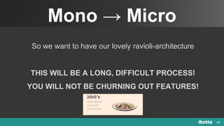 Mono → Micro
17
So we want to have our lovely ravioli-architecture
THIS WILL BE A LONG, DIFFICULT PROCESS!
YOU WILL NOT BE CHURNING OUT FEATURES!
 