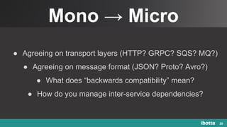Mono → Micro
20
● Agreeing on transport layers (HTTP? GRPC? SQS? MQ?)
● Agreeing on message format (JSON? Proto? Avro?)
● What does “backwards compatibility” mean?
● How do you manage inter-service dependencies?
 