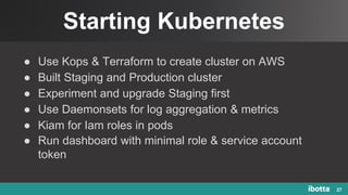 Starting Kubernetes
27
● Use Kops & Terraform to create cluster on AWS
● Built Staging and Production cluster
● Experiment and upgrade Staging first
● Use Daemonsets for log aggregation & metrics
● Kiam for Iam roles in pods
● Run dashboard with minimal role & service account
token
 