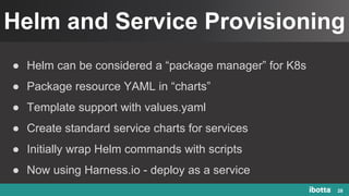Helm and Service Provisioning
28
● Helm can be considered a “package manager” for K8s
● Package resource YAML in “charts”
● Template support with values.yaml
● Create standard service charts for services
● Initially wrap Helm commands with scripts
● Now using Harness.io - deploy as a service
 