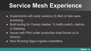 Service Mesh Experience
29
● Experiments with early versions (0.3&4) of Istio were
promising
● Built tooling for Canary header, % traffic switch, metrics
to Datadog
● Issues with Pilot under production load forced us to
remove
● Now Running Nginx ingress controllers
 