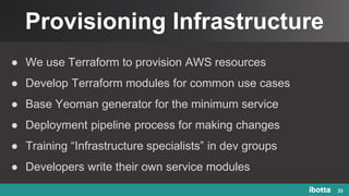 Provisioning Infrastructure
33
● We use Terraform to provision AWS resources
● Develop Terraform modules for common use cases
● Base Yeoman generator for the minimum service
● Deployment pipeline process for making changes
● Training “Infrastructure specialists” in dev groups
● Developers write their own service modules
 