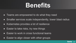 Benefits
39
● Teams are empowered to do what they need
● Smaller services scale independently, lower blast radius
● Kubernetes provides a lot of resilience
● Easier to take risks, try new things
● Easier to work in cross functional teams
● Easier to align closer with other groups
 